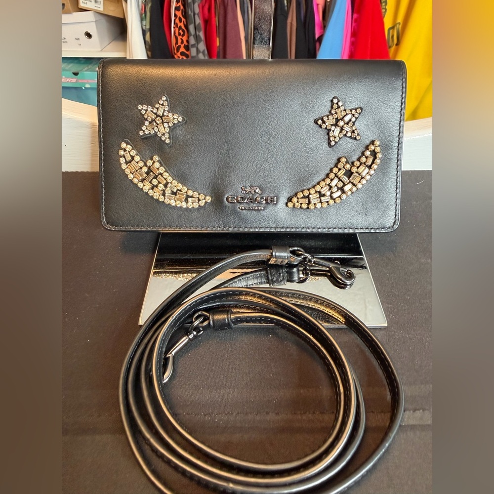 Coach Black Leather Star Embellished Card Holder